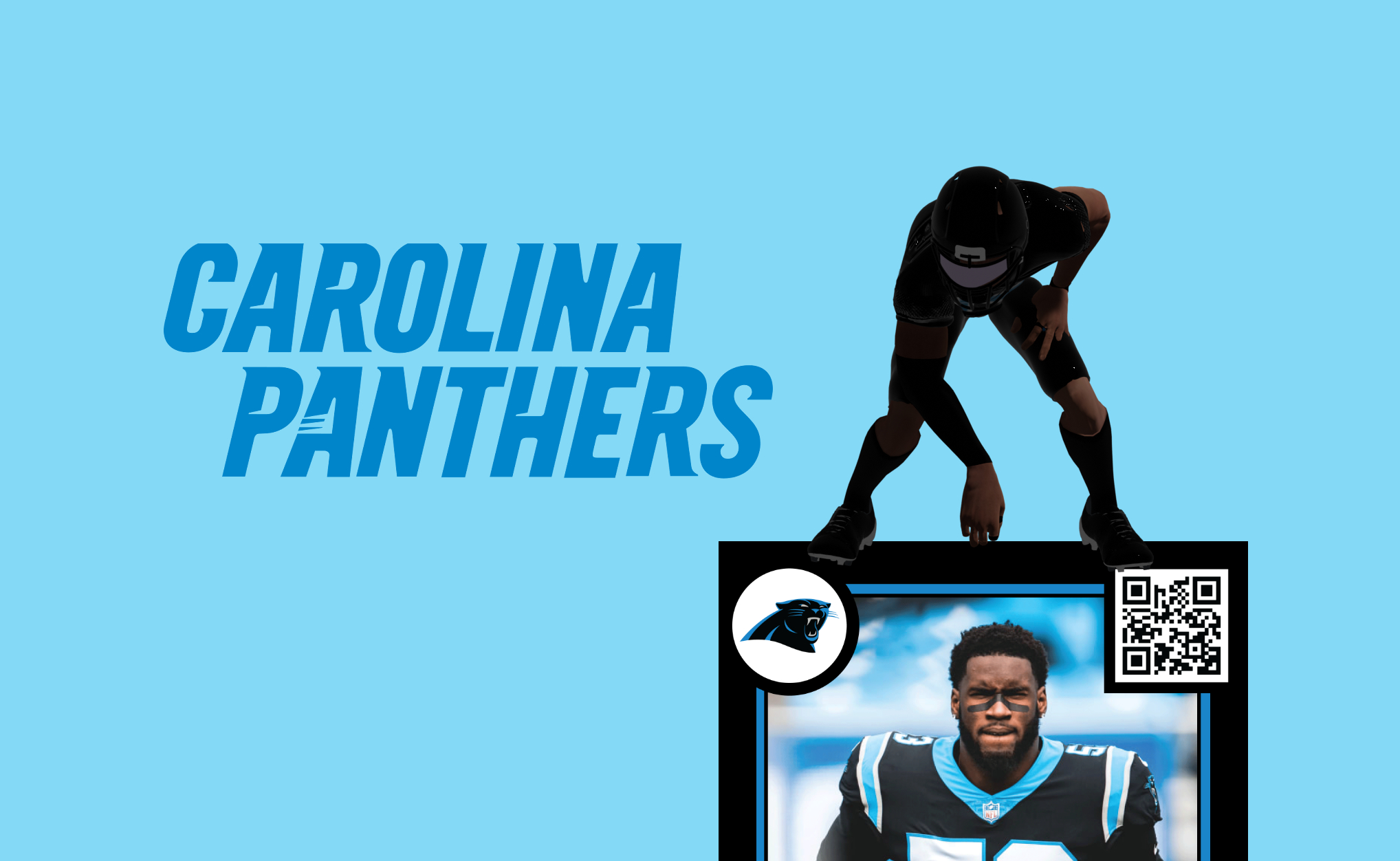 Card thumbnail for the cARds page. The image features the Carolina Panthers logo, a 3D model of a Panthers football player, and a mockup of a trading card.