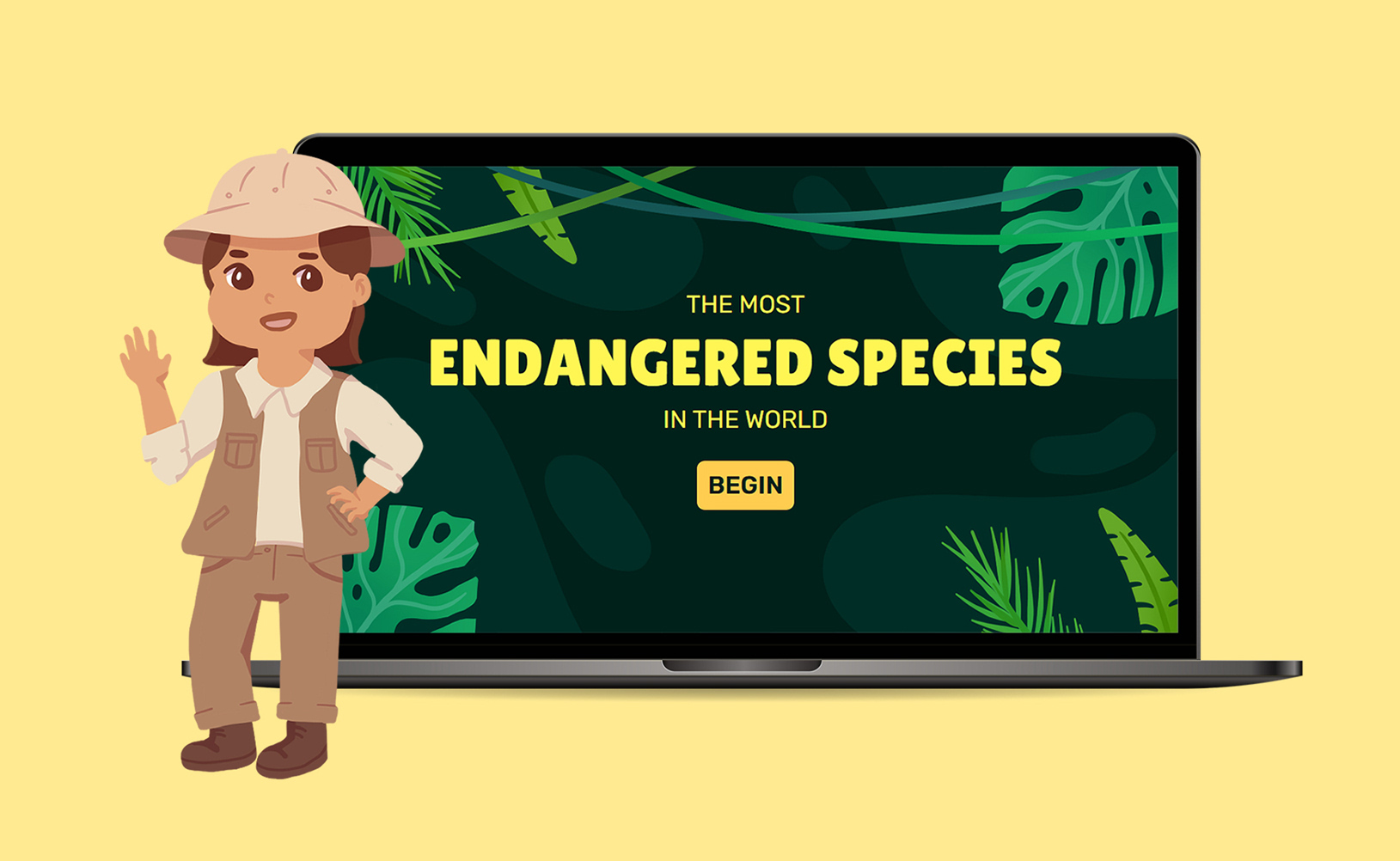 Card thumbnail for the Endagered Species Web App page. The image features an illustrated safari ranger standing in front of a laptop that shows a screenshot of the Endangered Species web application.