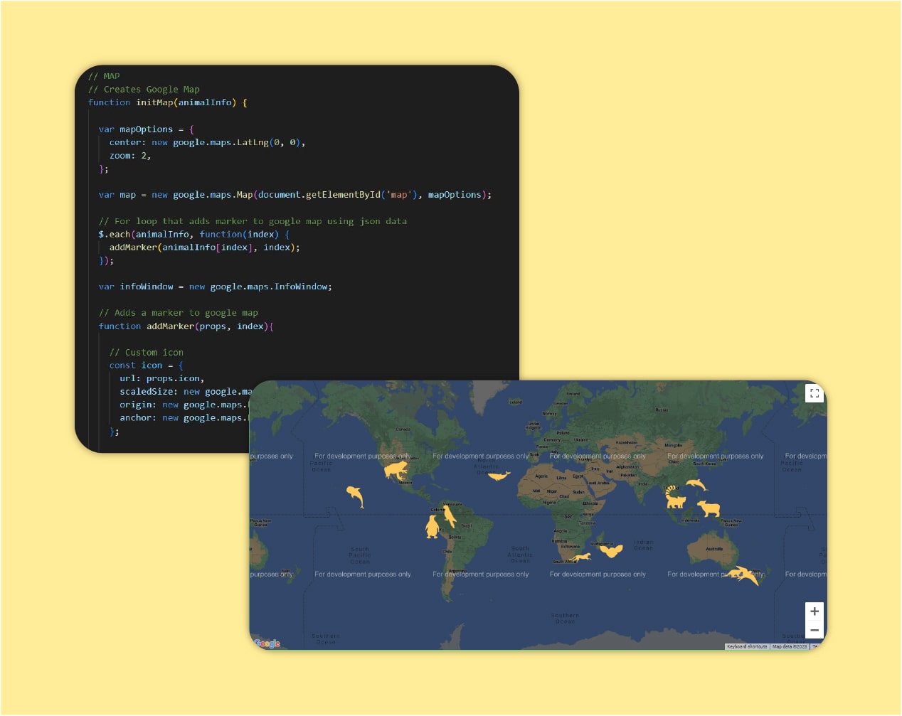 A picture that includes the screenshot of the JavaScript code for the Google Maps API in VS Code. A screenshot of the Google Map form the web app is also included.